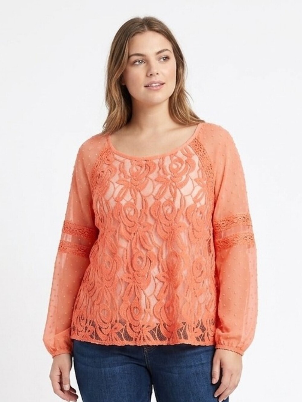 None Boho Coral Lace Blouse Sheer Embroidered Crochet Top Swim Cover-up Tunic